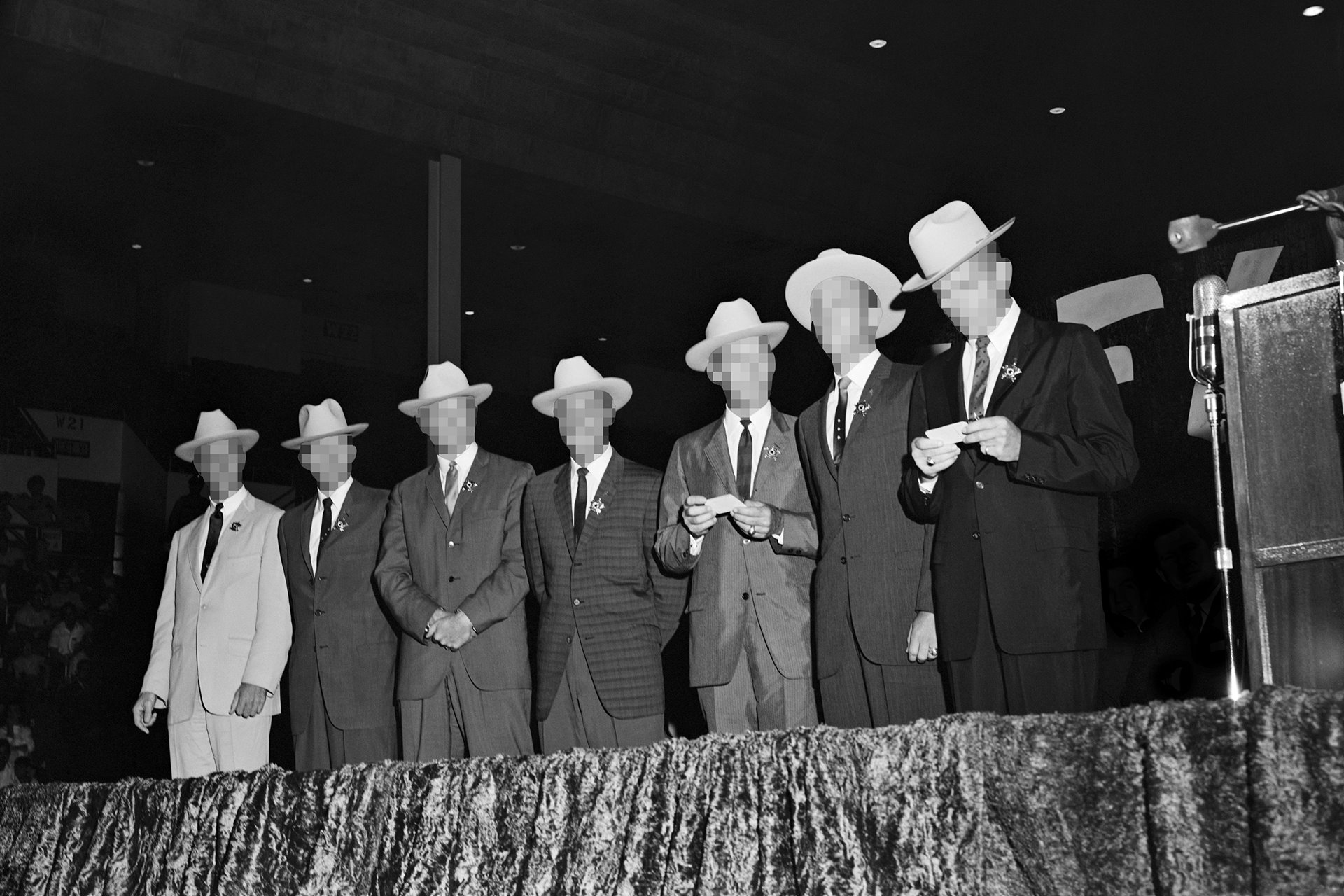 A manipulated NASA image of the Mercury Seven astronauts being welcomed to Texas, United States, at the Sam Houston Coliseum on July 4, 1962. The seven selected were all US military test pilots. To date, NASA astronauts train in Texas and launch from Florida, two states with historically strong anti-LGBTQI+ sentiments.&nbsp;