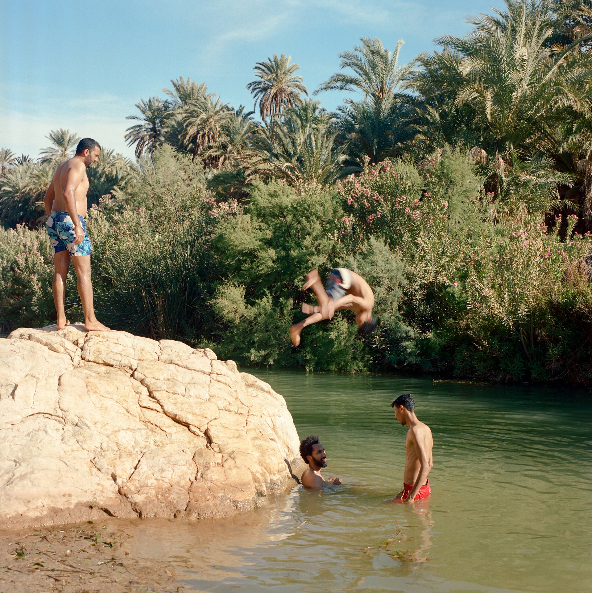 Youths swim in Oued Sayad, a dam at Taghjijt Oasis, in southern Morocco.