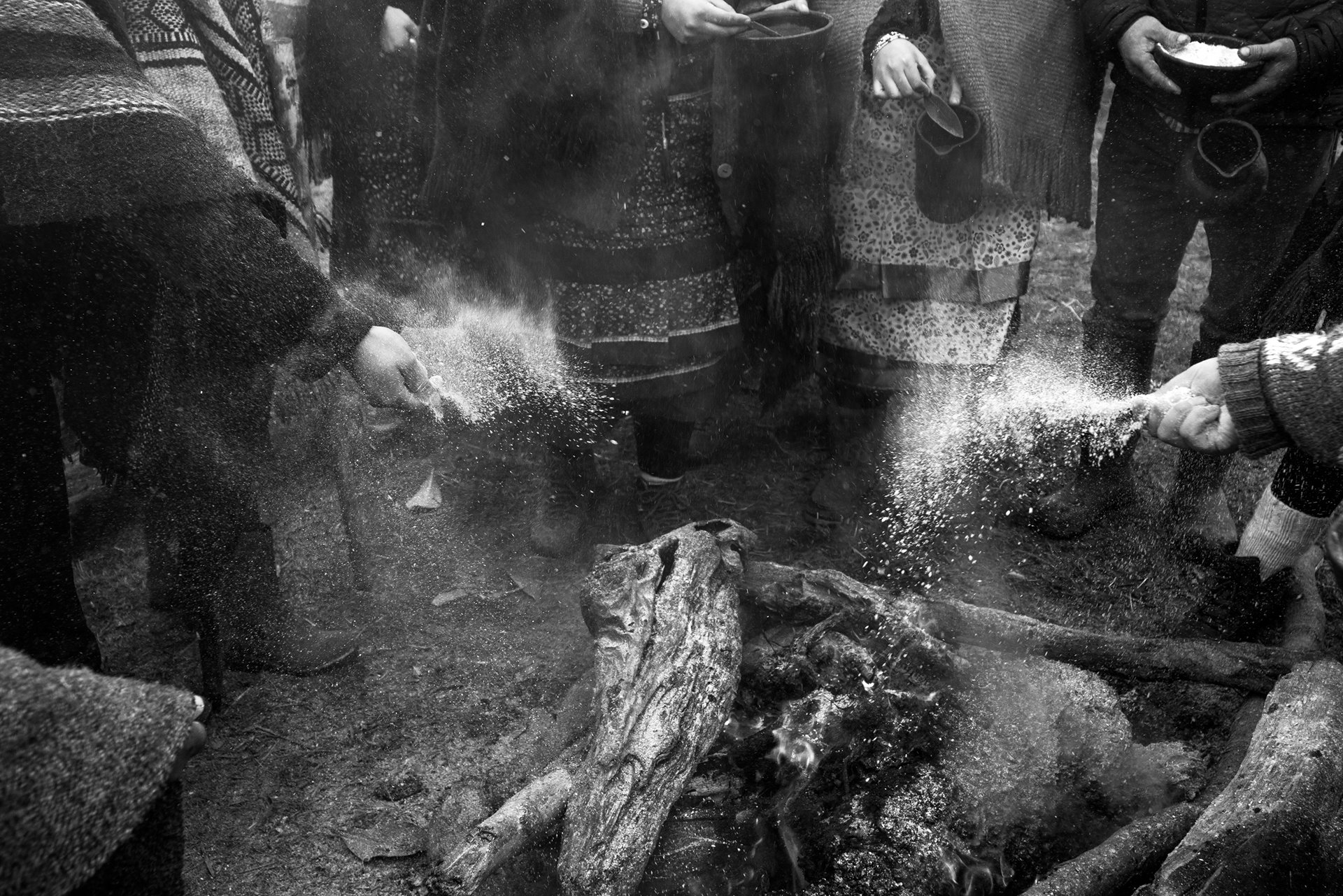 Toasted flour and <em>muday</em> (a wheat-based drink) are offered to the <em>Ngen</em> &ndash; spirits who maintain the balance between nature and human beings, in Maihue, De los Ríos, Chile. Through such ceremonies, the <em>Ngen</em> give messages to Mapuche communities. Many of these practices were banned for decades and lost in some regions; today they are being recovered.