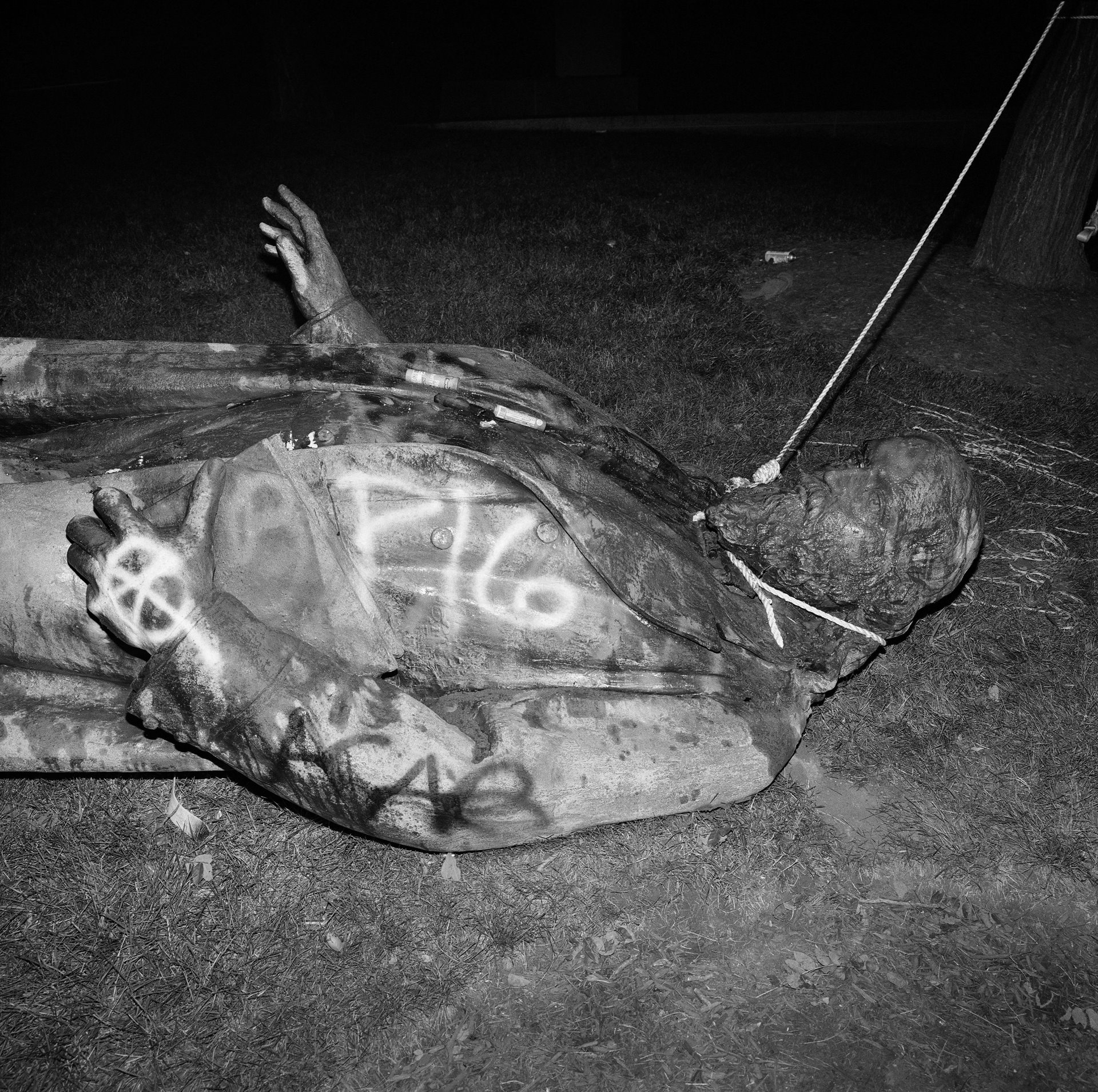 A statue of Confederate general Albert Pike lies in Judiciary Square with a noose around its neck, after protesters pulled it down and set it on fire, in Washington DC, USA, on 19 June 2020. The statue was one of many Confederate monuments torn down around the country to protest racism that day, which is celebrated as Juneteenth, marking the emancipation of enslaved people.